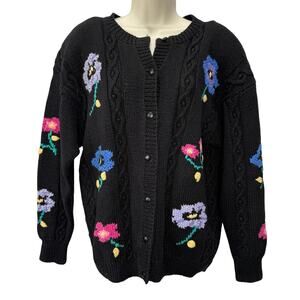 Vintage Northern Isles Womens Cardigan Sweater Black Flowers Size M Hand Knit